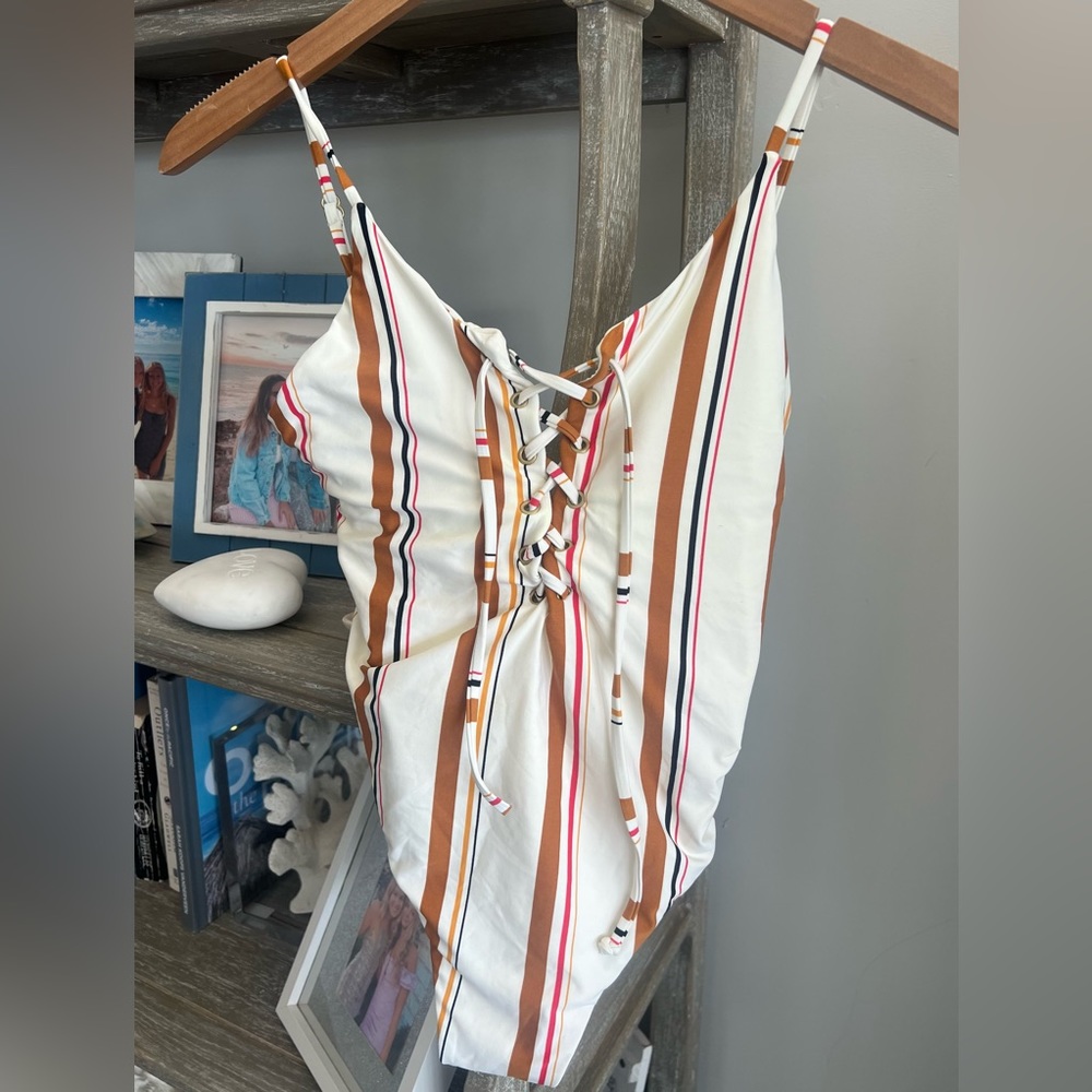 BILLABONG White Striped Front Lace Up One Piece